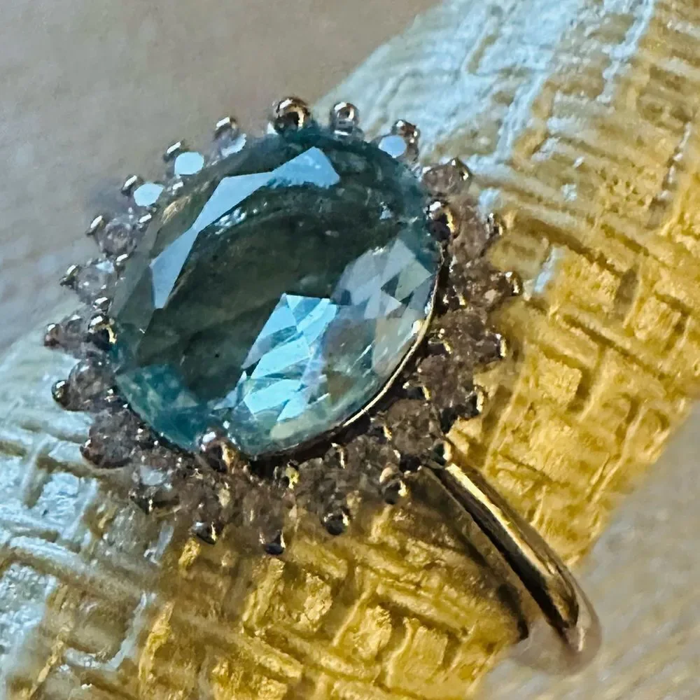 NATURAL AQUAMARINE 925 HALO RING LIGHT BLUE ROUND ART DECO STATEMENT RING